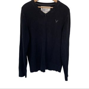 American Eagle Black V Neck Sweater Mens Large Cotton Logo Bird